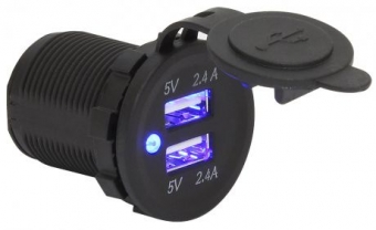 Зарядное гнездо USB, двойное, 12/24В, 5В/2,4 и 2,4A, подсветка светодиод