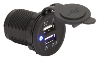 Зарядное гнездо USB, двойное, 12/24В, 5В/2,1 и 1A, светодиод